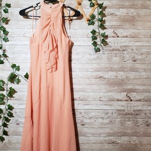 Keepsake The Label Peach Ruffles Maxi Dress High  Neck Choker Keyhole Back